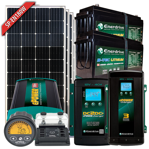 [K-400-TIAV-2000X] Enerdrive B-TEC 12V 400Ah Battery, 180W Solar, 40DC, 60AC, ePRO+ & 2000W Inverter
