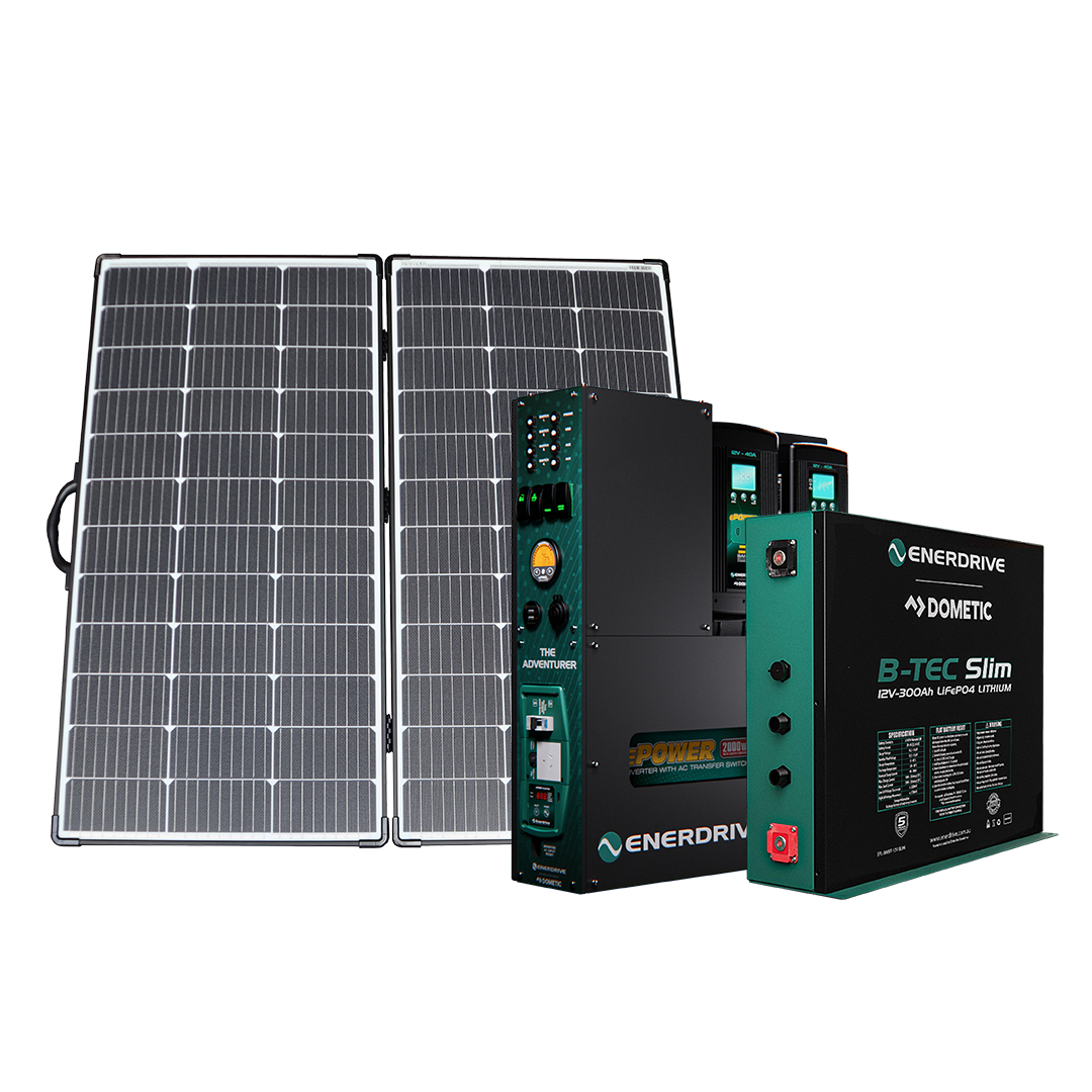 Enerdrive Adventurer System LEFT 40AC, 40DC, 2000X inc. ePRO+ + 300Ah Slim B-TEC + Alvolta 220W Portable Solar Kit