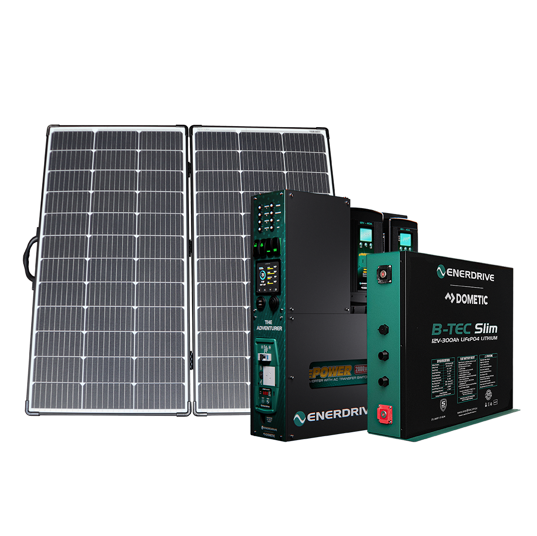 Enerdrive Adventurer System LEFT 40AC, 40DC, 2000X inc. Simarine SCQ50 + 300Ah Slim B-TEC + Alvolta 220W Portable Solar Kit
