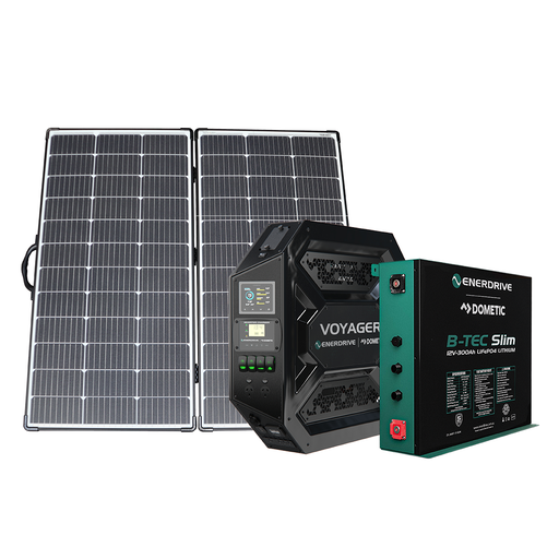 [K-V3L01-02-ALV-220SP] Enerdrive Voyager System (Left) 3000W Inc. 300Ah Slim B-TEC + Alvolta 220W Portable Solar Kit